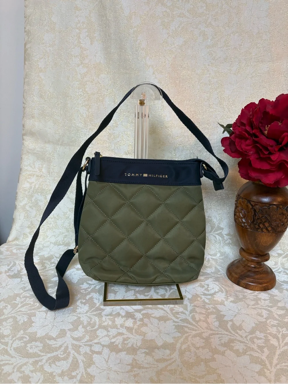 Tommy Hilfiger Olive and Navy Quilted Crossbody Bag